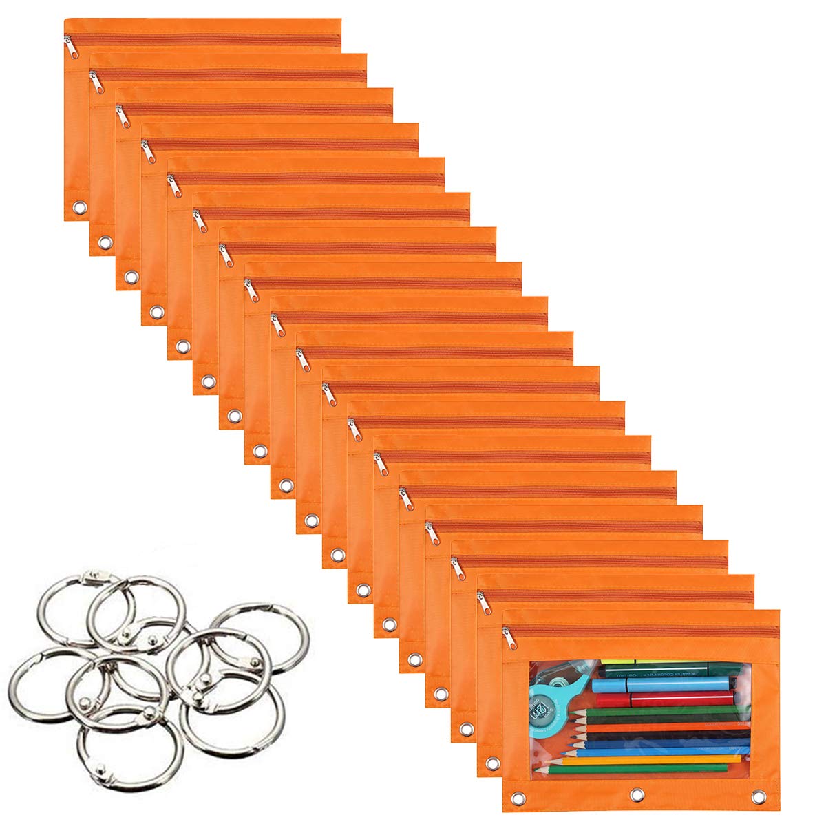 Wodison 18-Packs 3 Ring Pencil Pouch with Clear Window School Classroom Binder Pocket Case Office Stationery Bag Orange