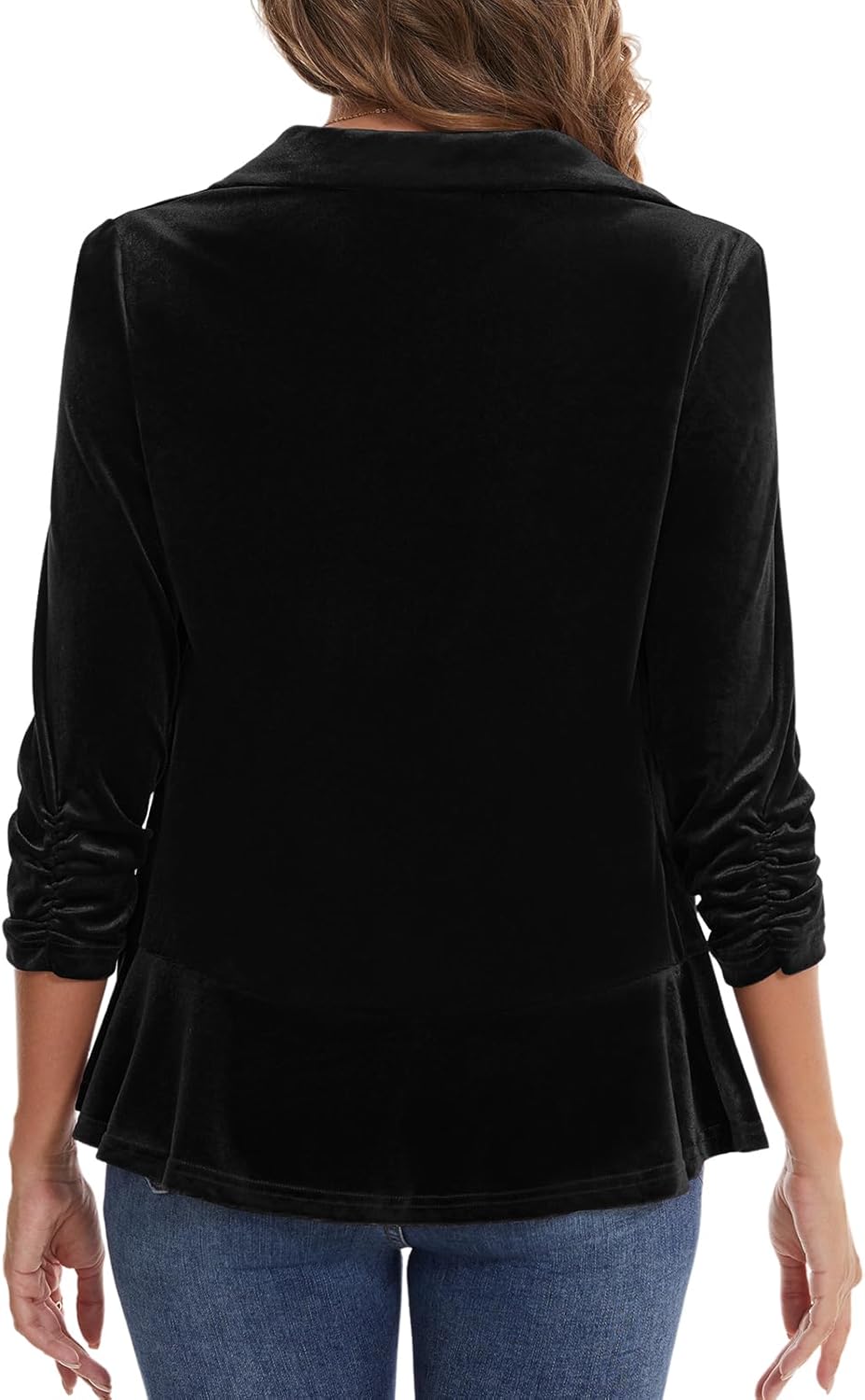 MINTLIMIT Women's Velvet Blazer Ruched 3/4 Sleeve Shawl Lapel Button Front Ruffle Tailored Cardigan Suit Jacket Blazer - Image 5