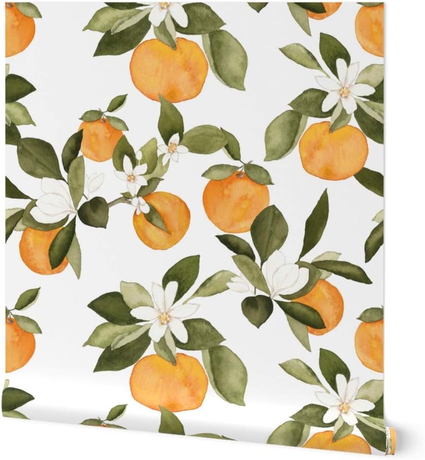 Spoonflower Peel & Stick Wallpaper 3ft x 2ft - Orange Blossom Oranges Blossoms Spring Fruit Citrus Summer Botanical Floral Custom Removable Wallpaper