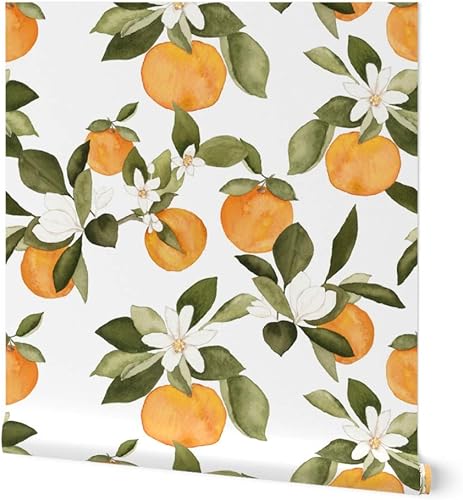 Spoonflower Papel tapiz para despegar y pegar, 9 x 2 pies, flores de naranjas, flores de primavera, frutas, cítricos, verano, botánico, floral,