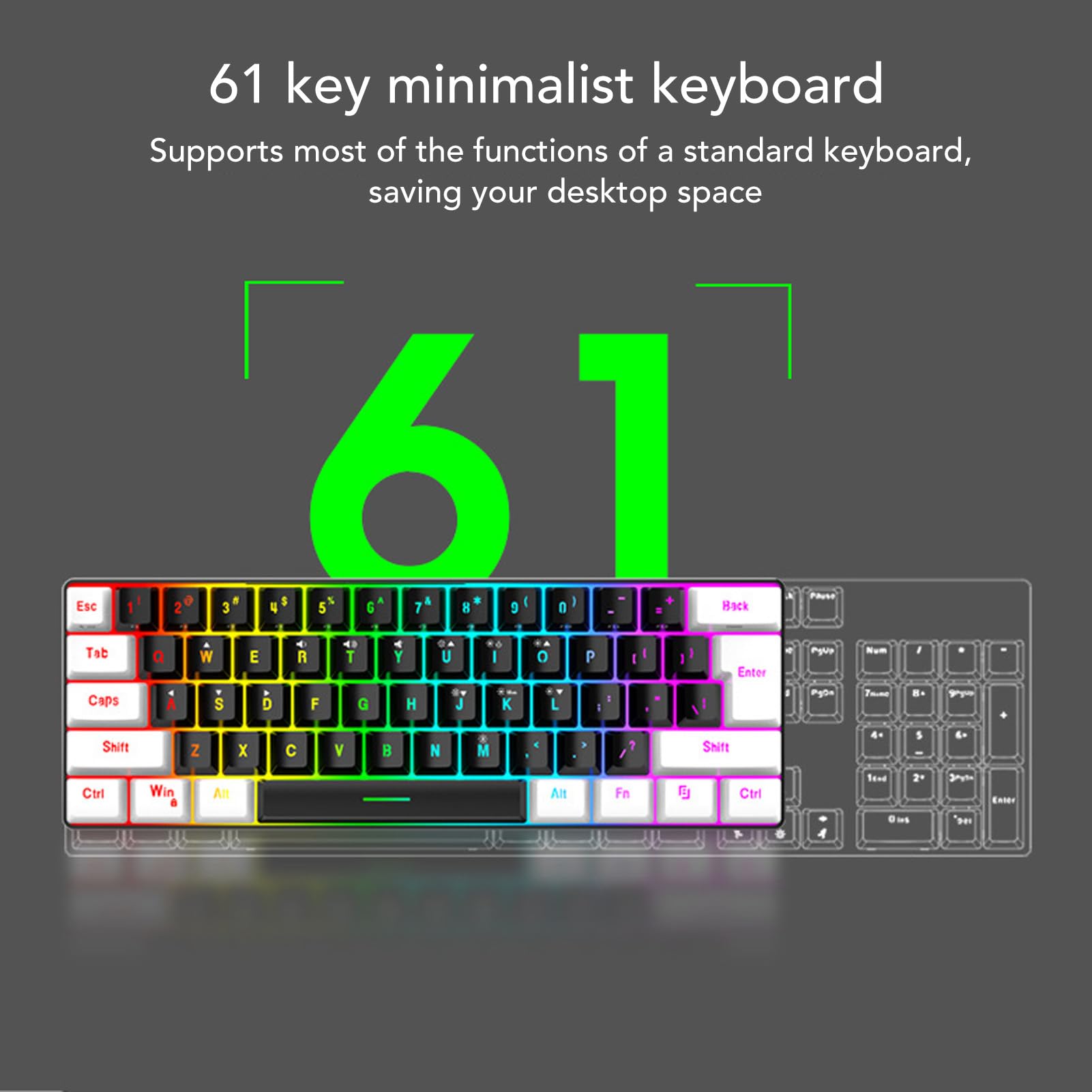 Combo Tastiera e Mouse da Gioco Wireless Al 60%, Tastiera e Mouse Compatti Retroilluminati a LED RGB, Tastiera Ergonomica a 61 Tasti per Giochi, Ufficio Aziendale (Cornice bianca