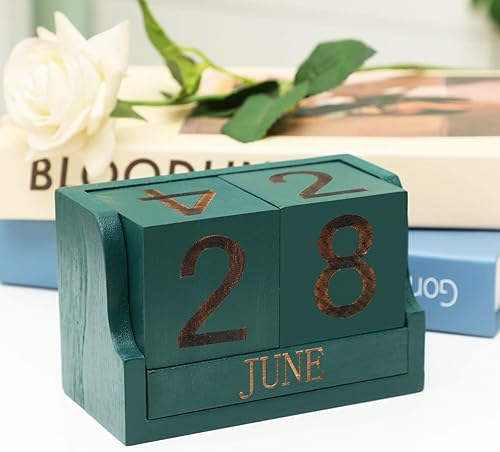 Bloques de calendario de madera, calendario de madera de escritorio, pequeño bloque de fecha de mes perpetuo, decoración rústica de oficina de
