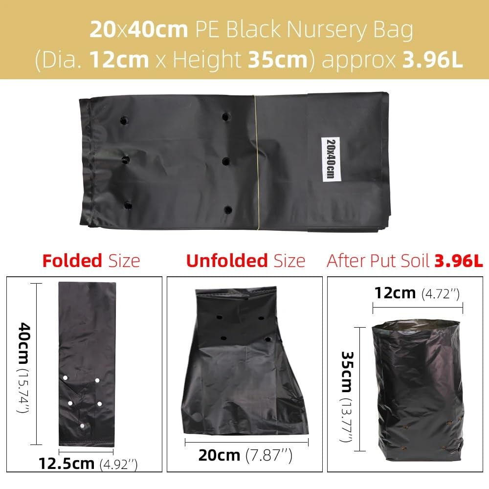 50/100 Pièces PE Sacs De Pépinière en Plastique Noir Plantation Croissance Poche Jardin Fleur Légumes Semis Culture Plantation Conteneur(100pcs,20x40cm)