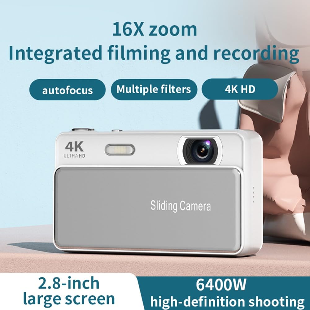 Fotocamera digitale da 64 MP, zoom 16x, fotocamera a scorrimento compatta con video 4K, schermo da 2,8 pollici, flash integrato per studenti
