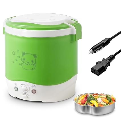 Electric Lunch Box, 1L Travel Rice Cooker Small 12V For Car, Cooking For Soup Porridge and Rice, Cooking Heating and Keeping Warm Function(Green)