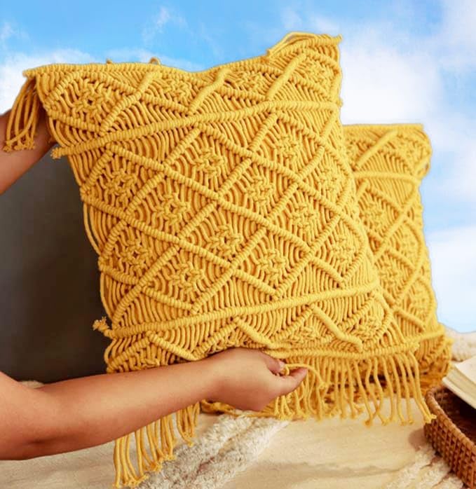COTTONCUBE Handmade Macrame Mustard Yellow Cushion Cover, 40 * 40 cm Duck Heavy Fabric