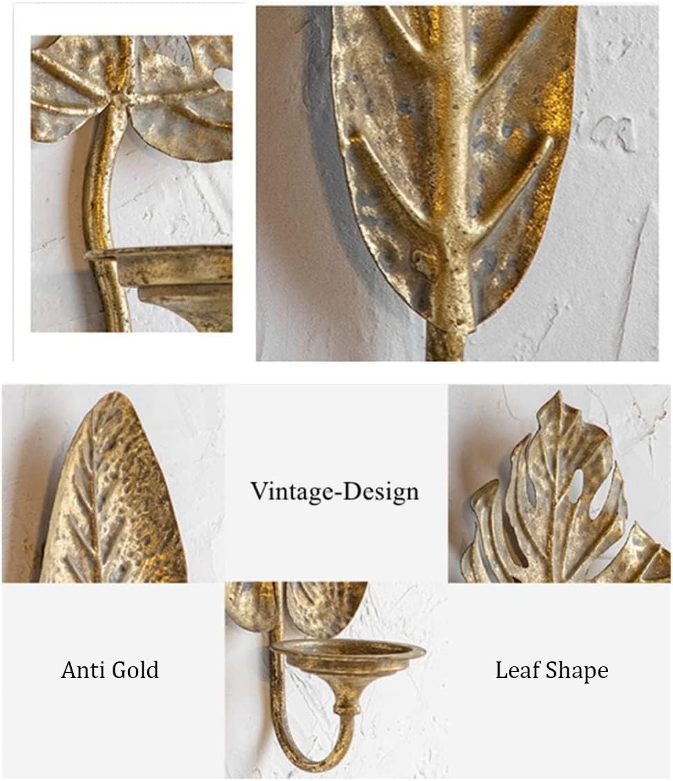WINTENT Anti Gold Leaf Wall Sconce Candle Holder, Vintage Wall Candle Holder Set of 2 (Leaf-6)
