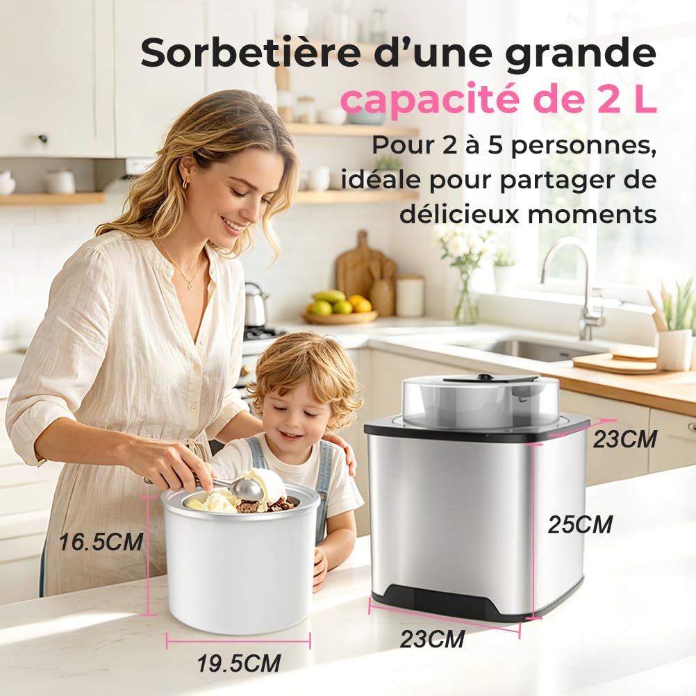 Sorbetière Turbine à Glace, Sorbetière Électrique, Machine à Glace en Acier Inoxydable, 2L Machines à Glace et Sorbetière pour Sorbet Glace, Crème Glacée et Yaourt Glacé