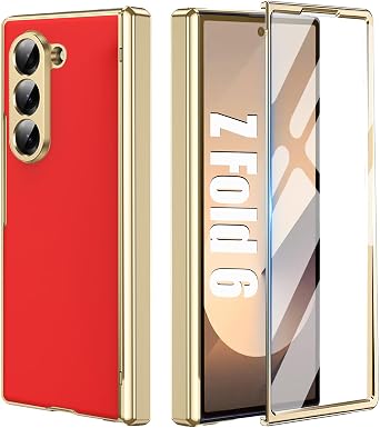 Case for Samsung Galaxy Z Fold 6 with Screen Protector & Hinge Protection,Slim Fit Hard Full-Body Anti-Scratches Protective Phone Case Cover for Galaxy Z Fold 6,Red