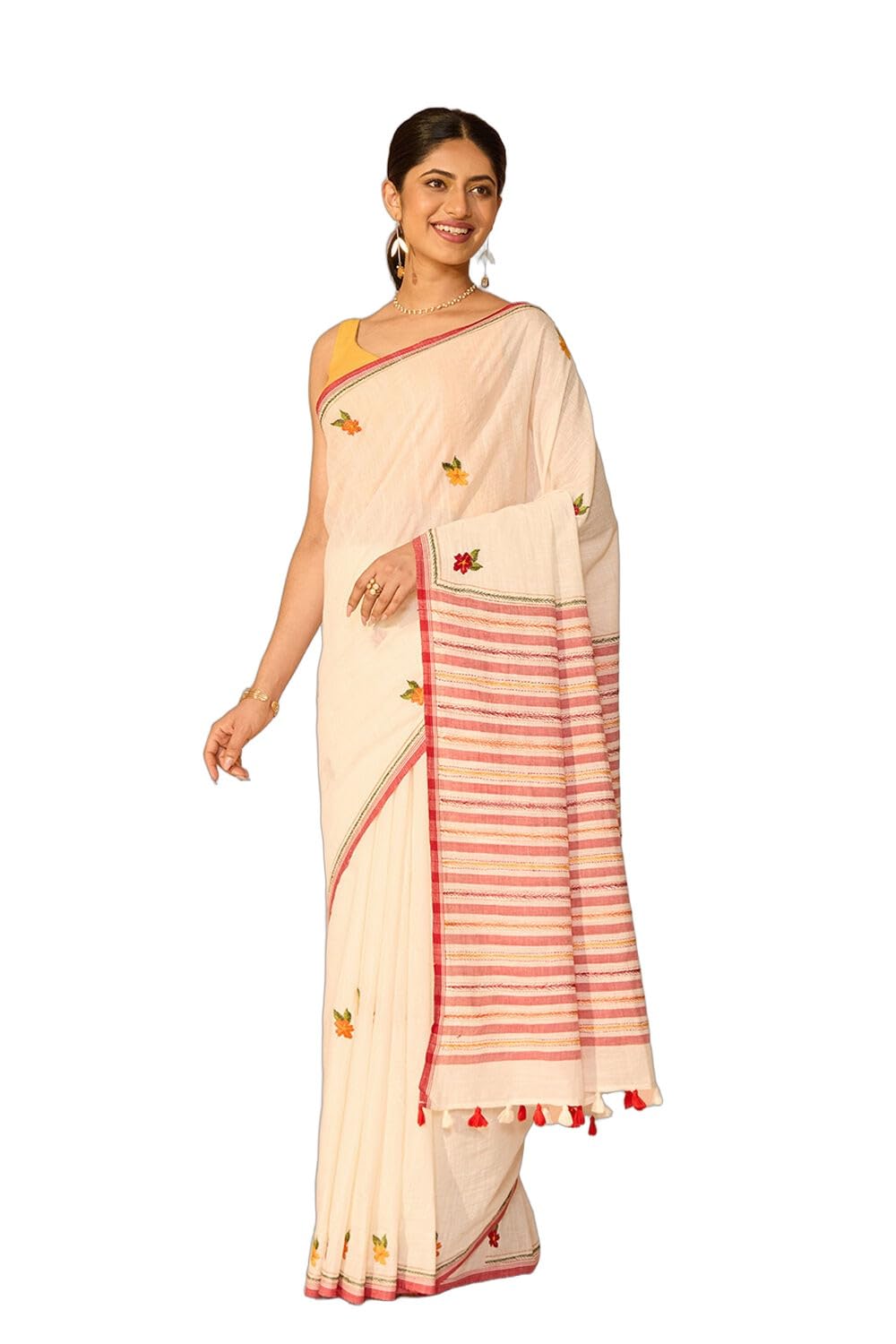 taneira Off White Bengal Pure Cotton Kantha Embroidered SareeWith Unstitched Blouse(SAIH01AC5329-Off White)-picture-30