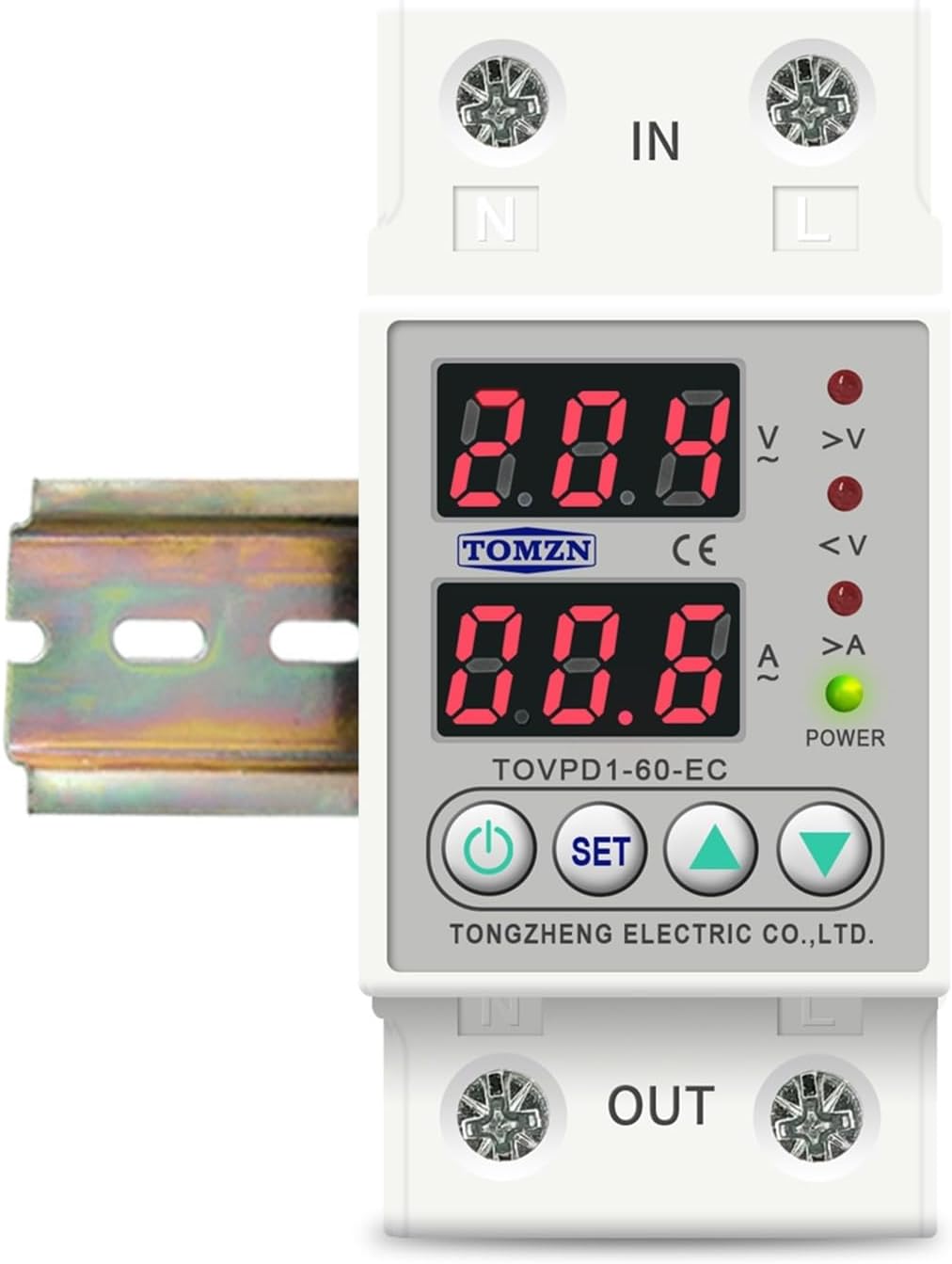 Din Rail Dual Display Adjustable Over Voltage Current and Under Protective Device Protector Relay 40A 63A 80A 220V 230V(80a,V A Kwh Type)