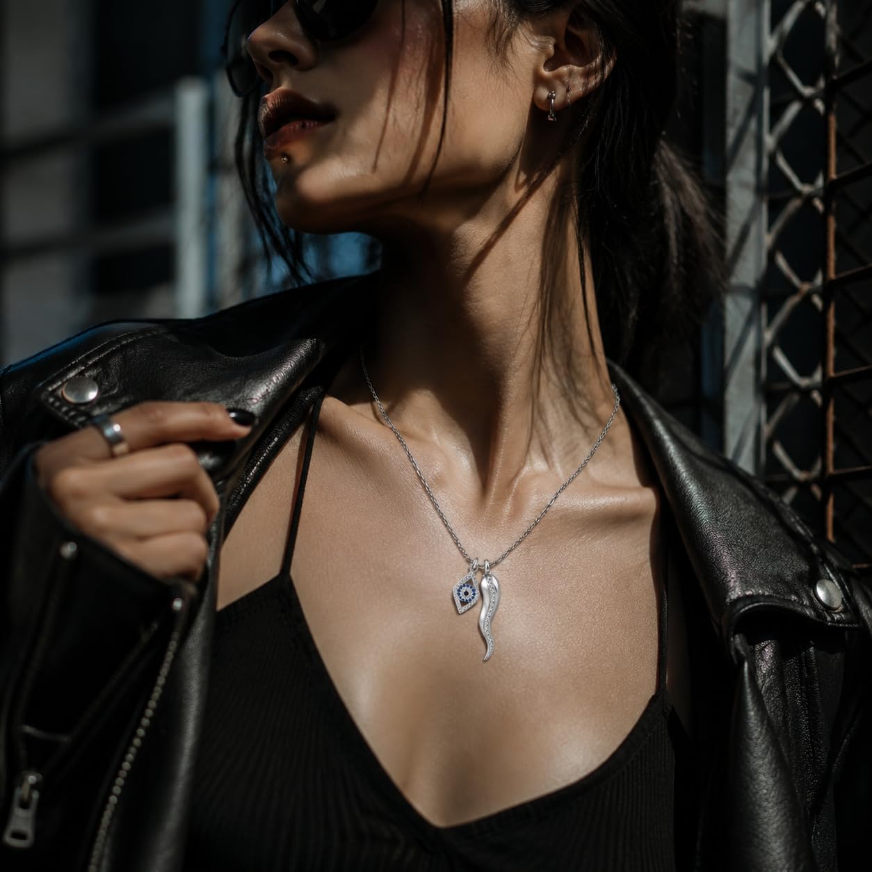 Italian Horn Evil Eye Necklace for Women, Lucky Charm CZ Jewelry