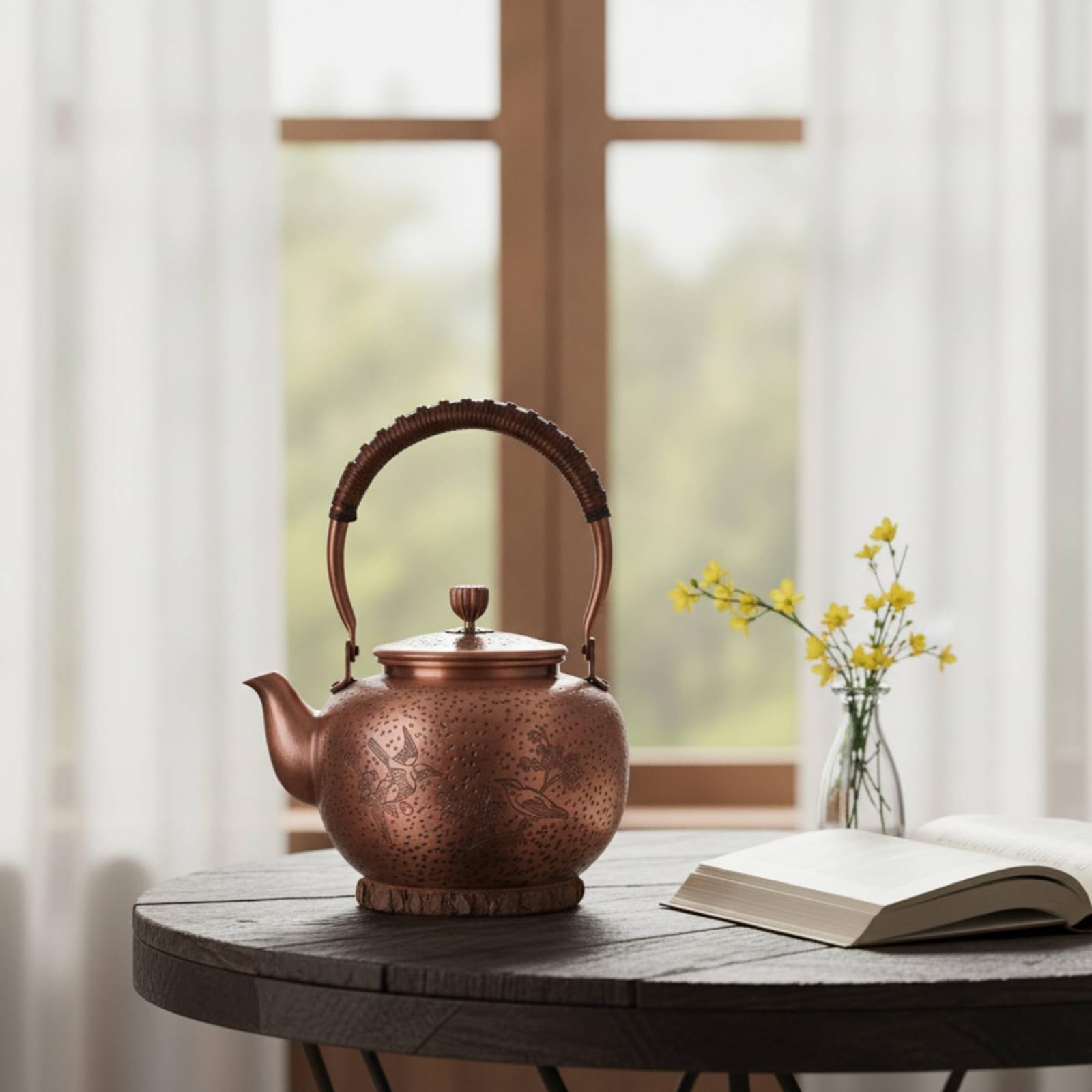 harayaa Bouilloire en Cuivre Pur avec Anse Tressée et Bec Verseur Théière Élégante pour Infusion Thé en Vrac sur Cuisinière Décoration Table, Smooth Sailing