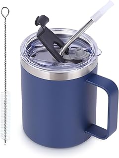 Volhoply Izolowany szczelny kubek do kawy o pojemności 350 ml z przesuwną i słomkową pokrywką, próżniowy kubek z podwójną ścianką ze stali nierdzewnej podróżny kubek do kawiarni z uchwytem, kubki