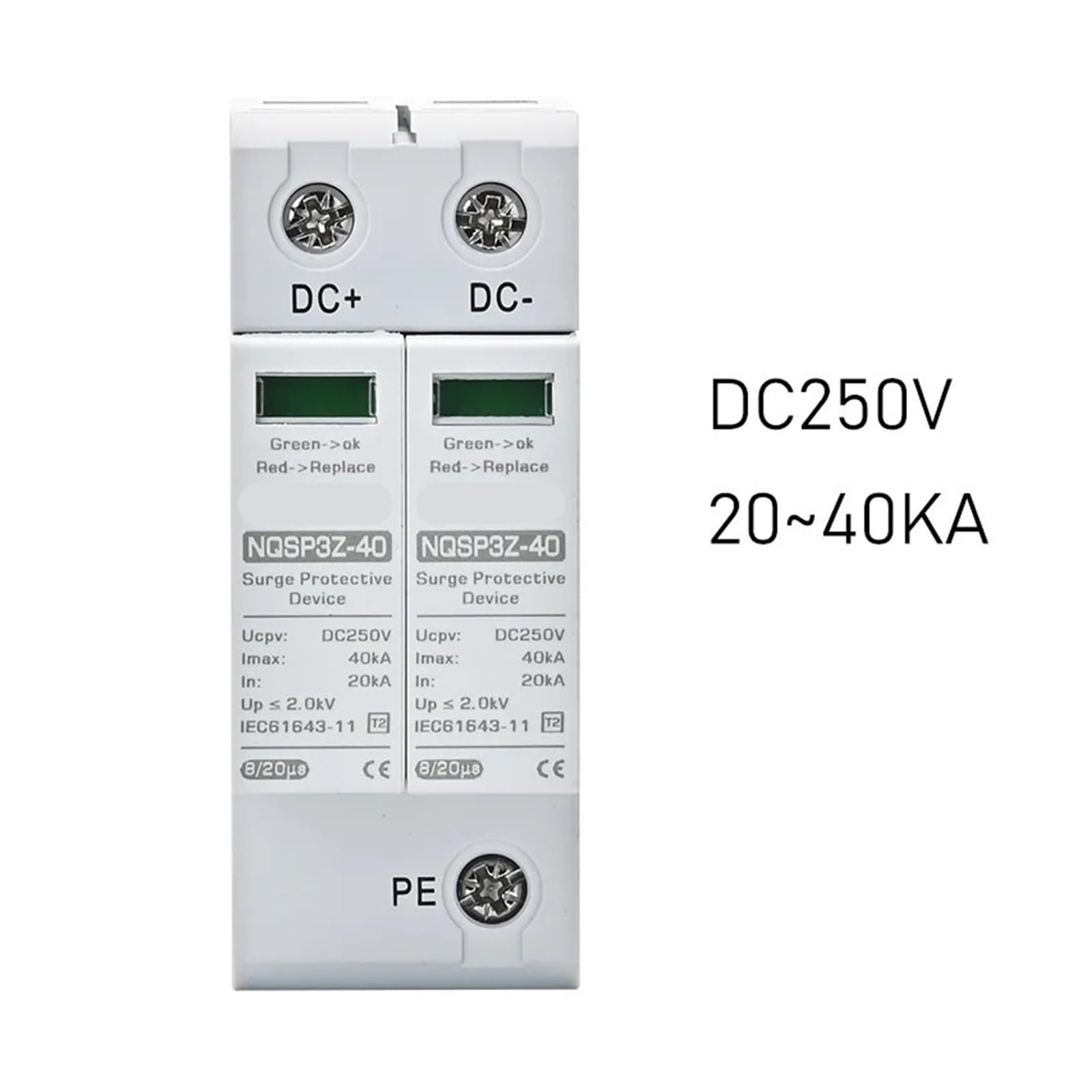 SHIHUANI Surge Arrester Protective Lightning Protector Solar Photovoltaic DC SPD Surge Protector 2P 20KA 40KA 250V 500V 1000V High Efficiency Lightning Protection Device(20-40KA DC250V)