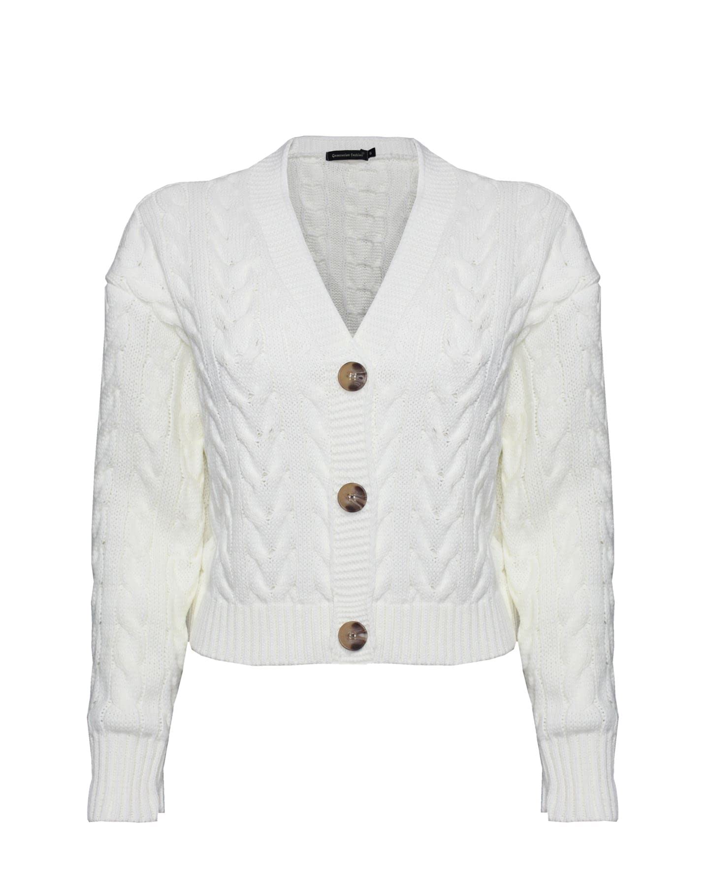Top Vendor Women's Cream New Cable Knit Crop Cardigan Dress Sweater Top Knitted Long Sleeve V-Neck 3 Buttons[,S]