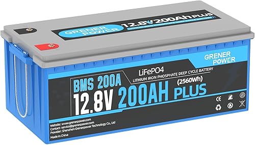 Batería LiFePO4 de 12 V 200 Ah Plus, BMS de 200 A, salida de potencia máx. de 2560 W, batería de litio de 4000-15000 ciclos profundos, vida útil de