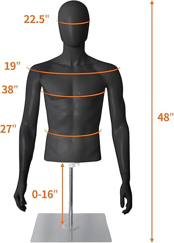 Miniatura 2 de Torso de maniquí de medio cuerpo masculino con forma de vestido de piel de soporte de plástico desmontable altura de 32" - 48" Base de metal de alta