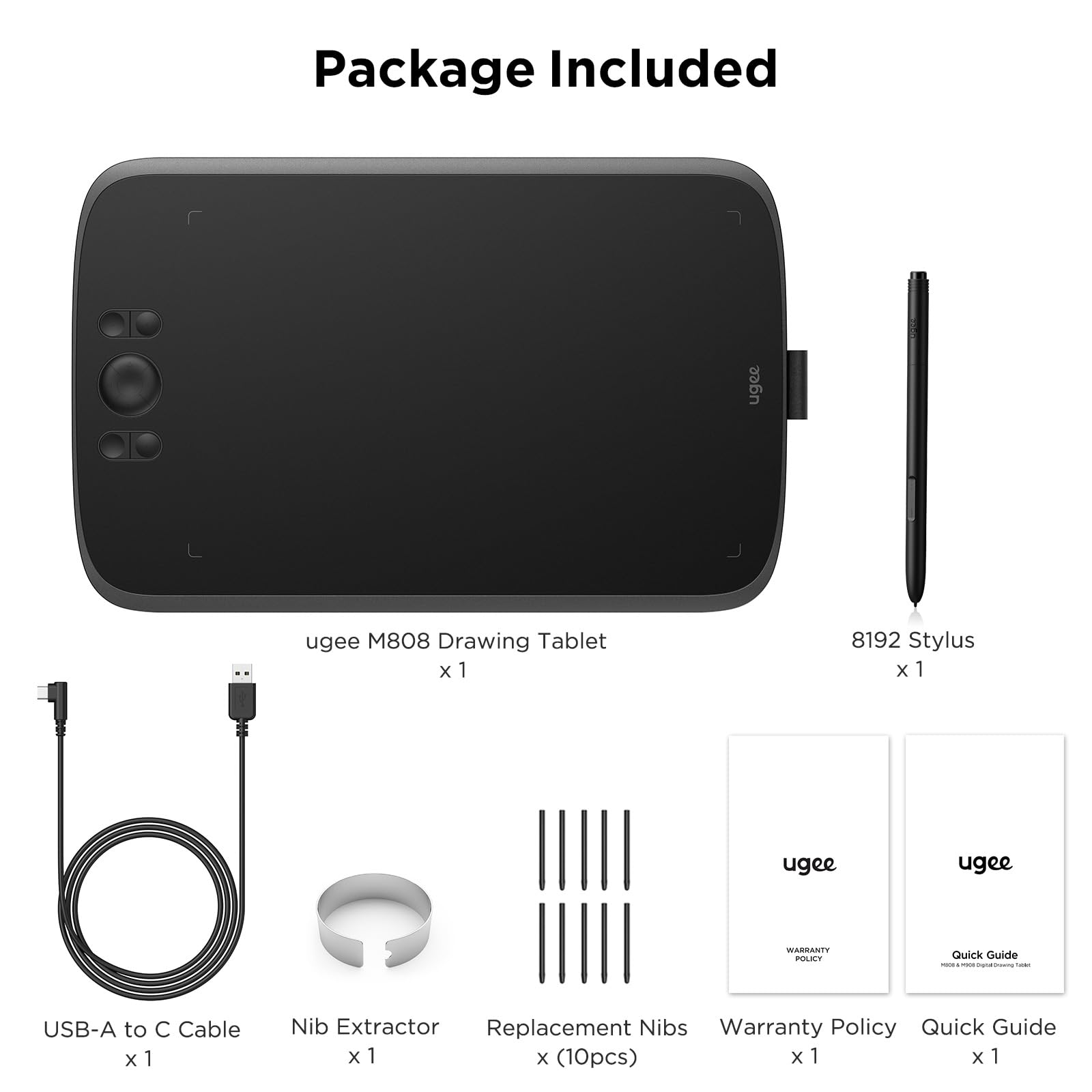 ugee M808 10 x 6.25 Inch Large Graphic Tablet for PC, Drawing Tablet with 8 Shortcut Buttons, Battery-Free Pen of the New Generation