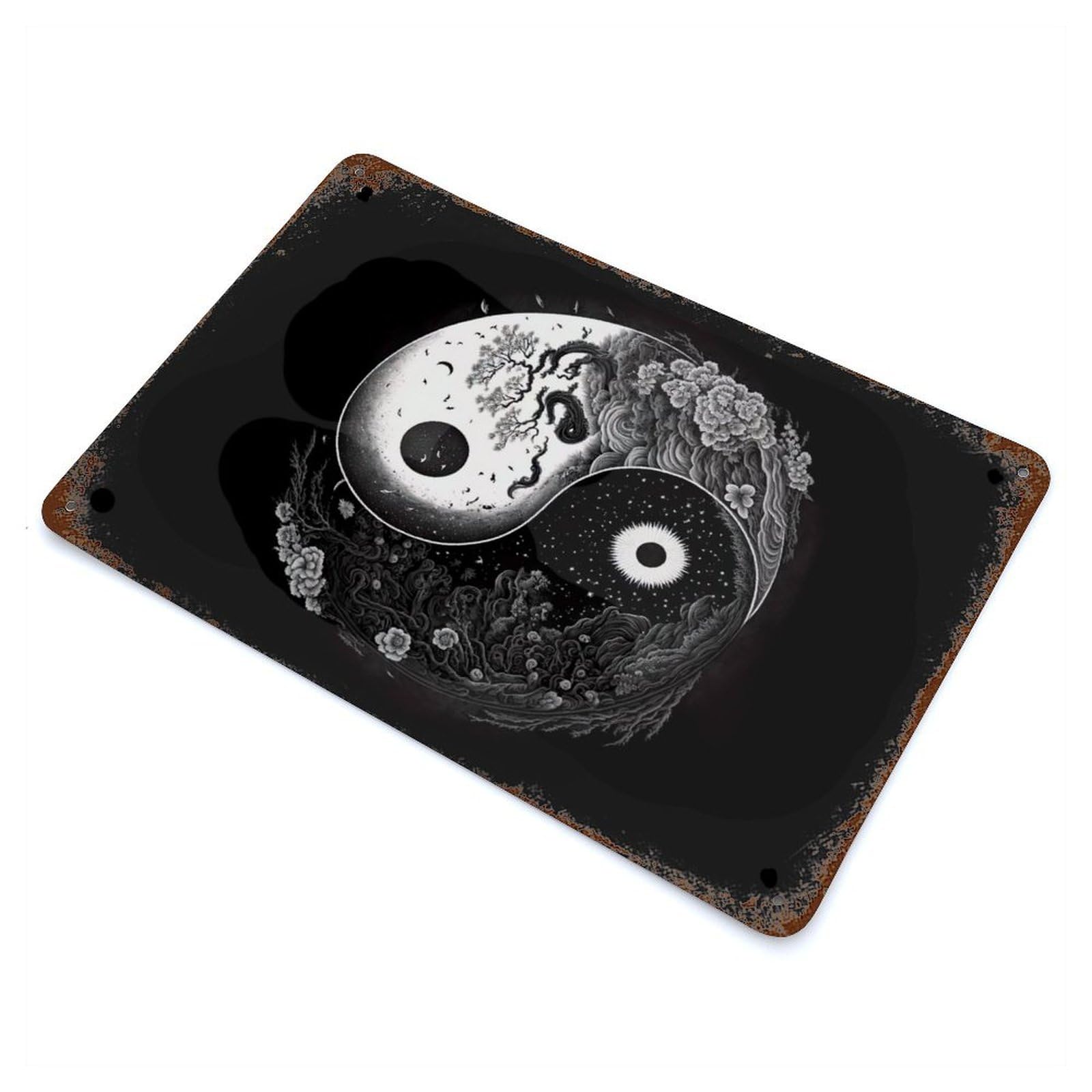 Yin And Yang Vintage Wall Sign 11.8"x7.9", Rust Effect Metal Decor for Basement, Hobby Room And Garage Decor