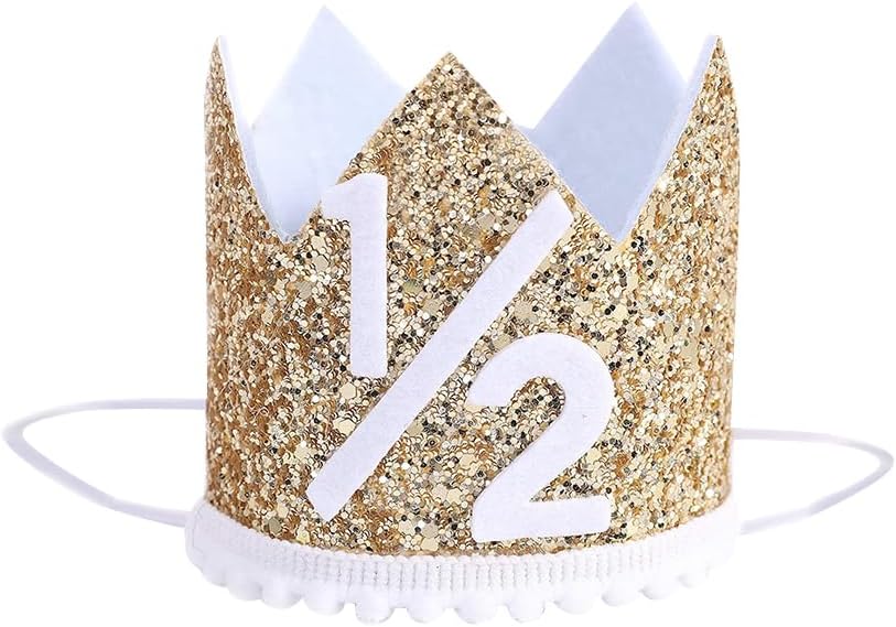 Half Birthday Crown with Glitter - 6 Months Birthday Hat & Party Photo Props with Elastic Band for Boys & Girls