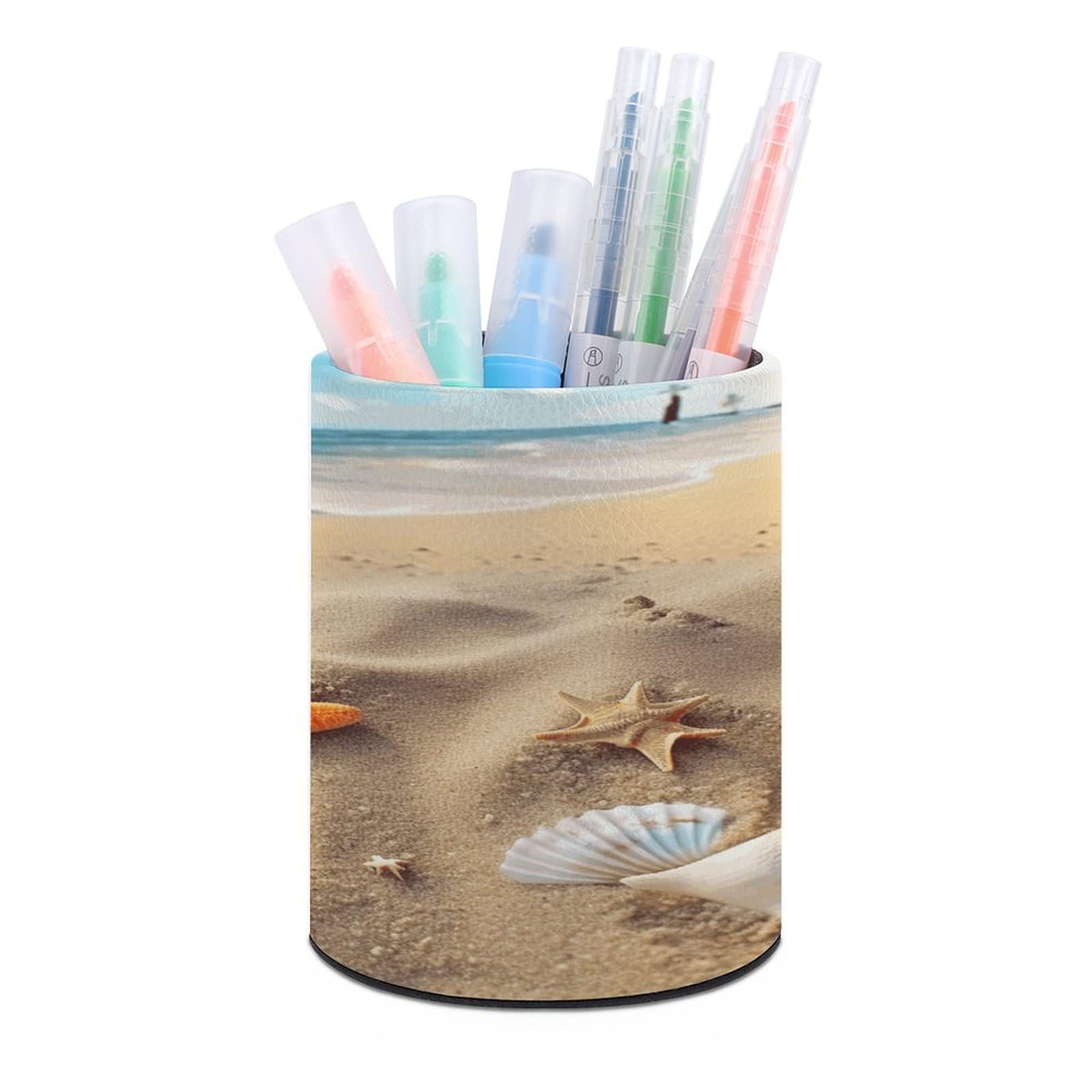 FekiLoot Sea Beach Starfish Pen Holder Cup Fashion PU Leather Pencil Cup Minimalist Pen Organizer Round Pencil Holder Stand Work Locker Accessories for Decoration Desk Office Home