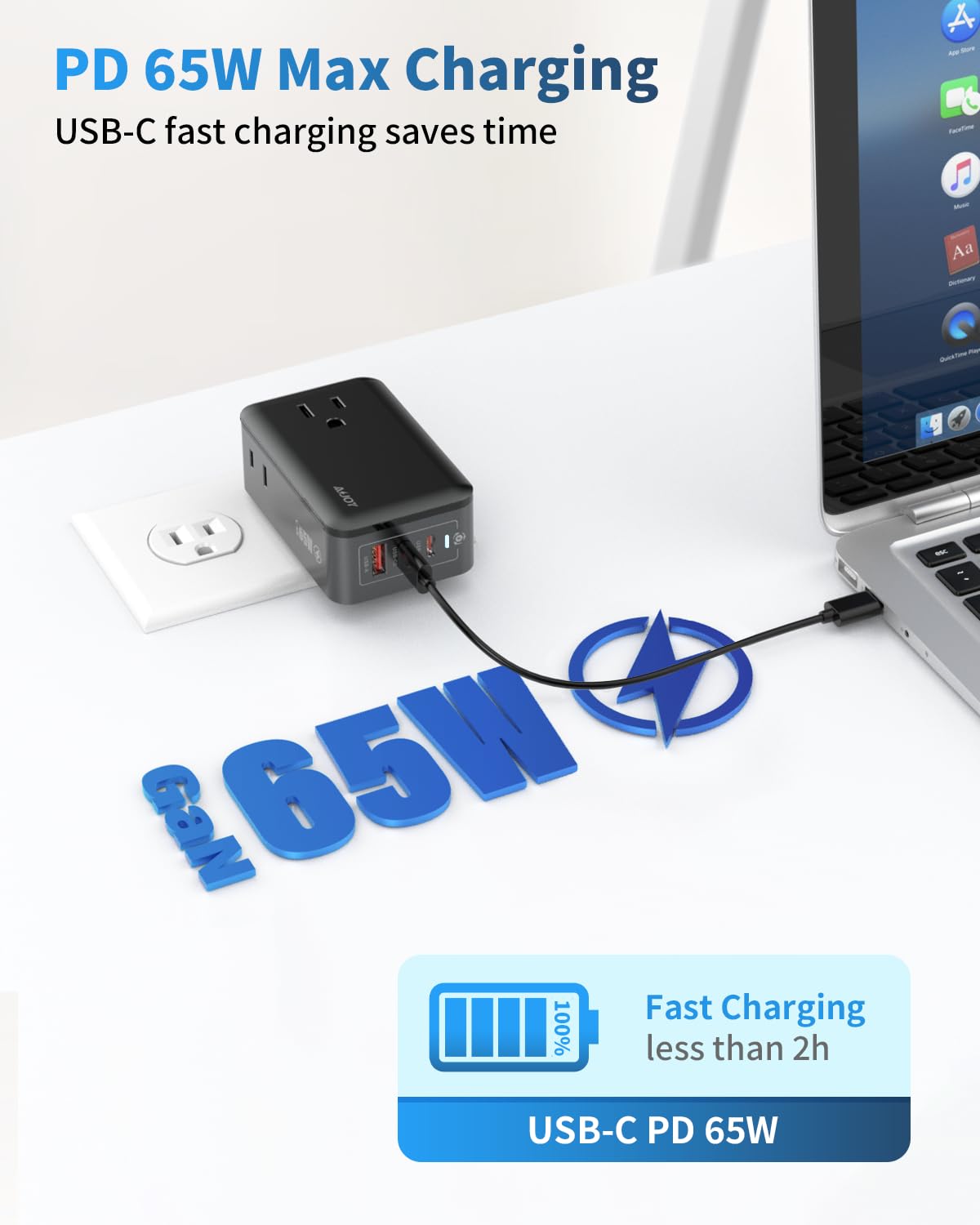 European Travel Plug Adapter Kit, 65W GaN3 International Detachable Charger with 3 AC Outlets, 2 USB-C, 1 USB-A, 5ft Extension Cord, Universal All-in-One Power Converter for EU, AUS, UK(Type B/C/I/G)