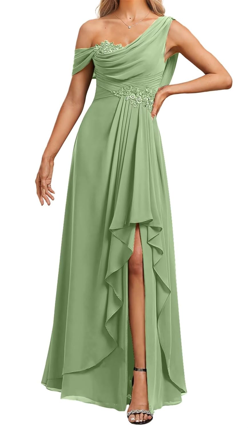 KURFACE Sage Green Bridesmaid Dresses for Wedding Party Pleated One Shoulder Formal Dress with Applique Maid of Honor UK20