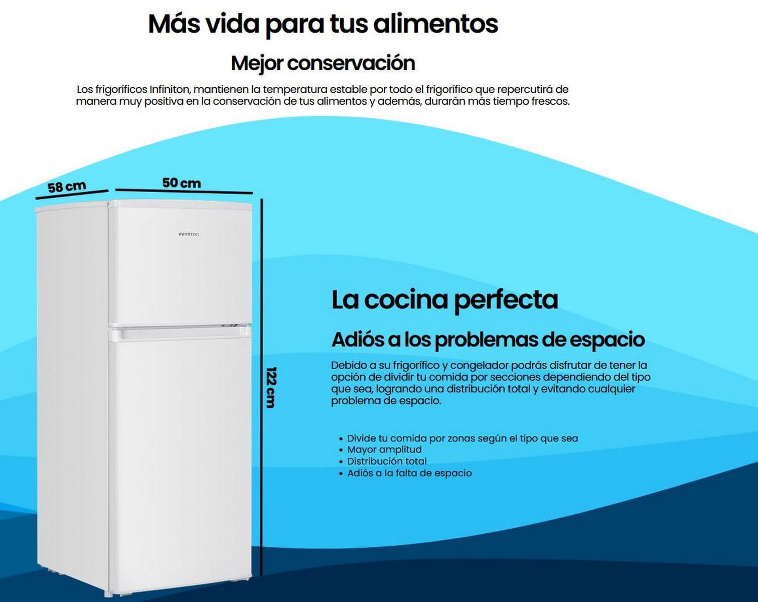 Frigorifico Dos Puertas Infiniton FG-151D12BEV, 151 Litros, 122 cm de Altura, Ancho de 50 cm, Ciclico, LED Interior, Regulación en altura, E, Blanco