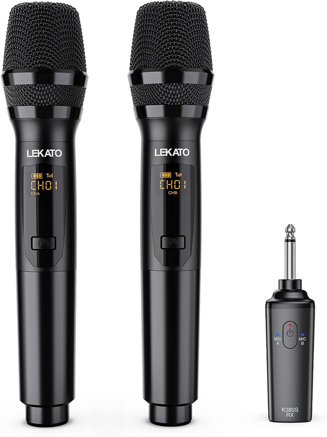 LEKATO Wireless Microphone, 2.4GHz Rechargeable Dual Handheld Wireless Dynamic Microphone System Set with 1/4" Receiver, Professional Cordless Microphone for Karaoke, Wedding, Party, Speech, Church