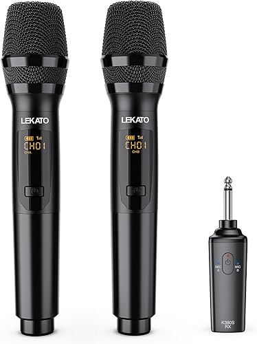 LEKATO Micrófono inalámbrico, sistema de micrófono dinámico inalámbrico de mano dual recargable de 2.4 GHz con receptor de 1/4 pulgadas, micrófono