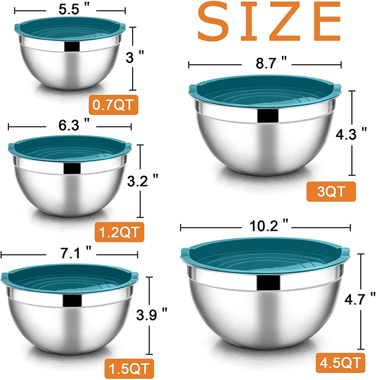 Mixing Bowls with Lids Set of 5, Vesteel Stainless Steel Mixing Bowls Metal Nesting Salad Bowls, Size 4.5, 3, 1.5, 1, 0.7 QT Great for Cooking, Baking, Serving - Blue