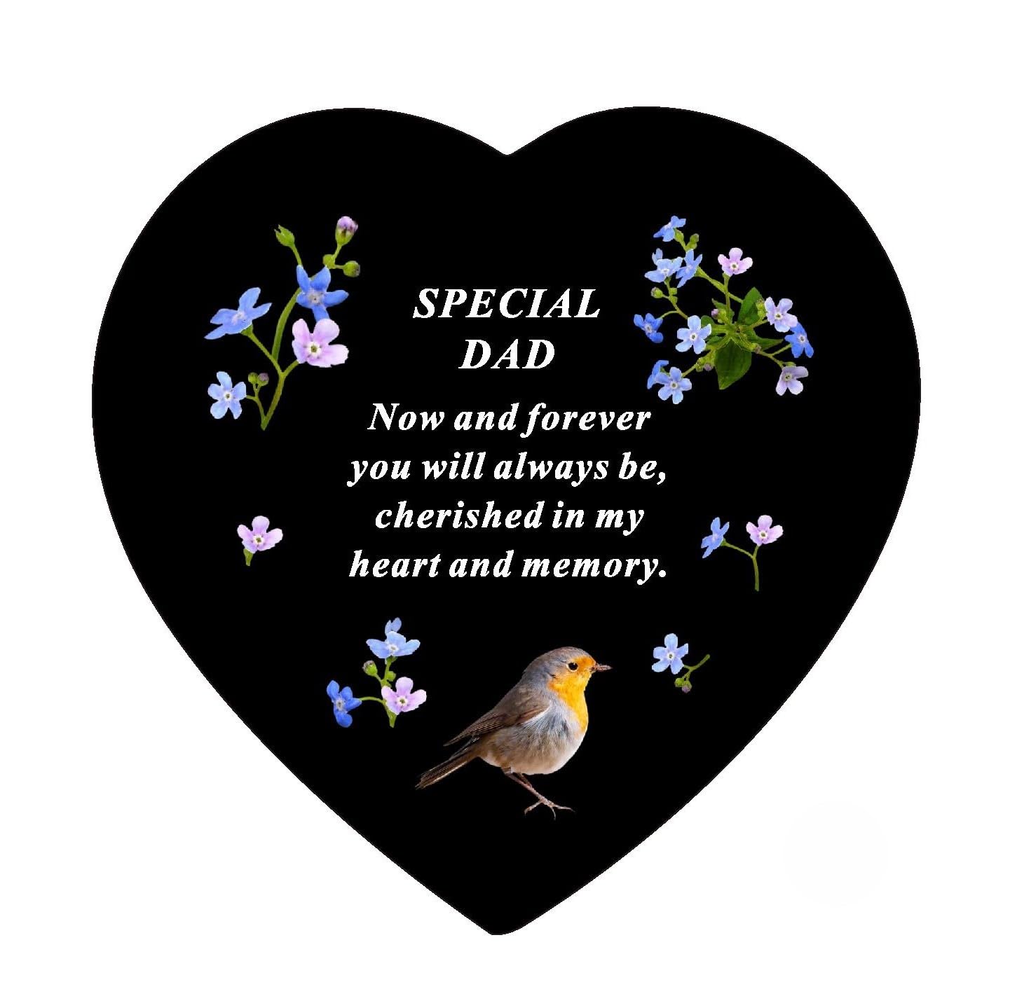Dad Memorial Heart Plaque – Graveside Ornament with Robin & Forget-Me-Not Design