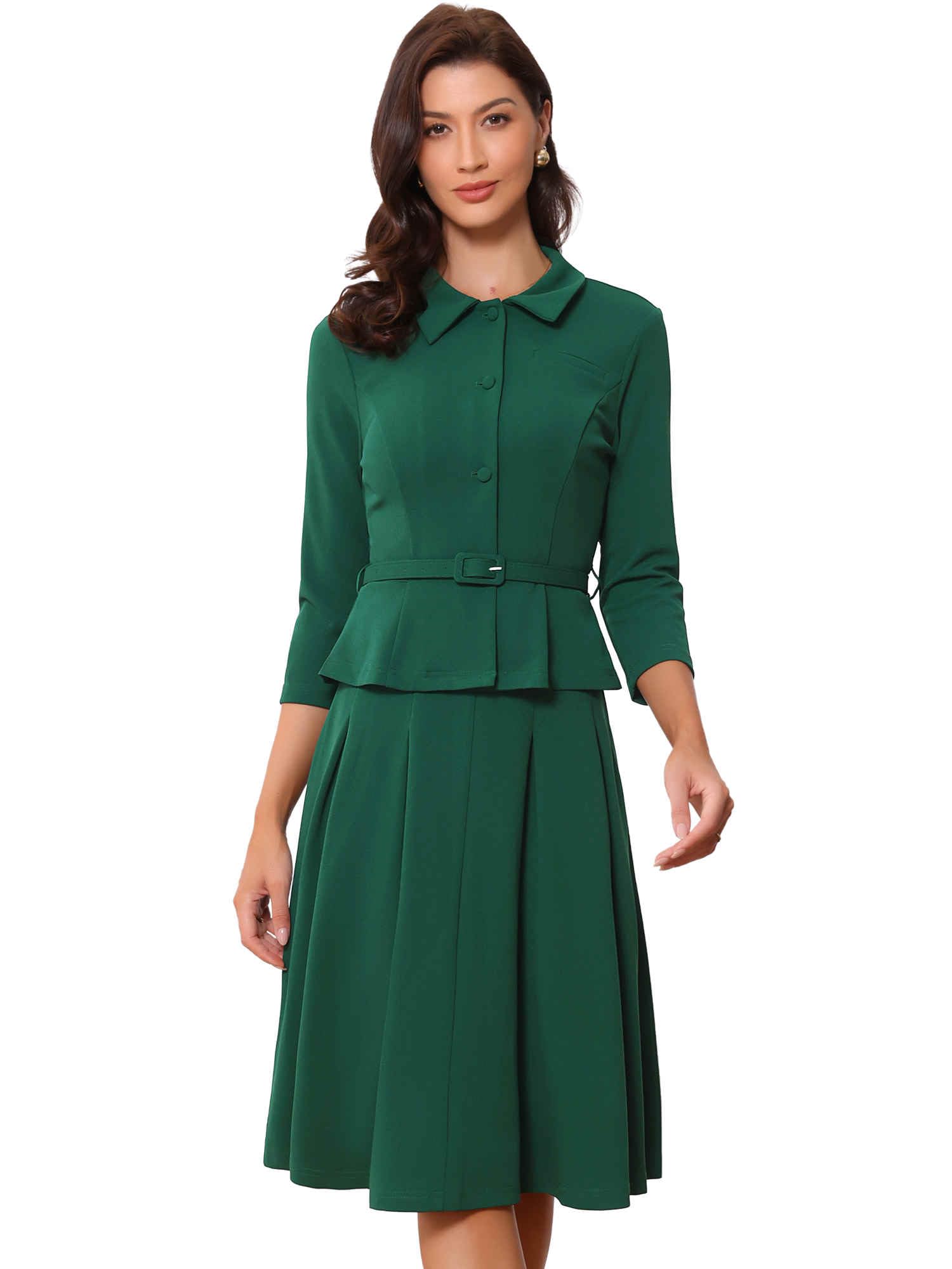 Allegra K Business Skirt Suit Sets for Womens 2 Piece Outfits Office 3 4 Sleeve Blazer Jacket Pleated