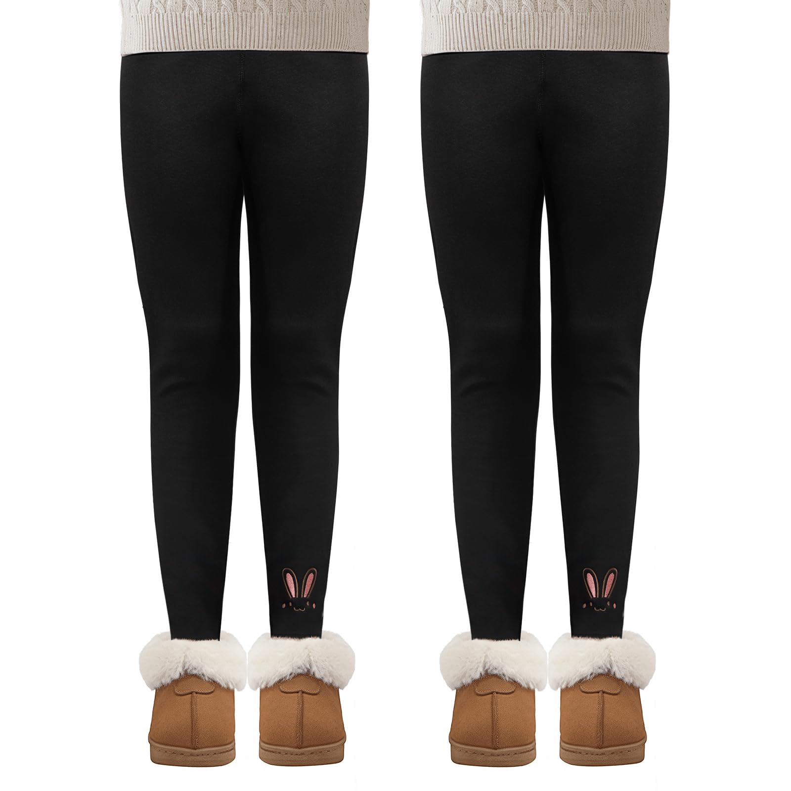 MASOCIO Lot de 2 Legging Polaire Chaud Fille Pantalon Thermique Enfants Broderie de Lapin 4-13 Ans