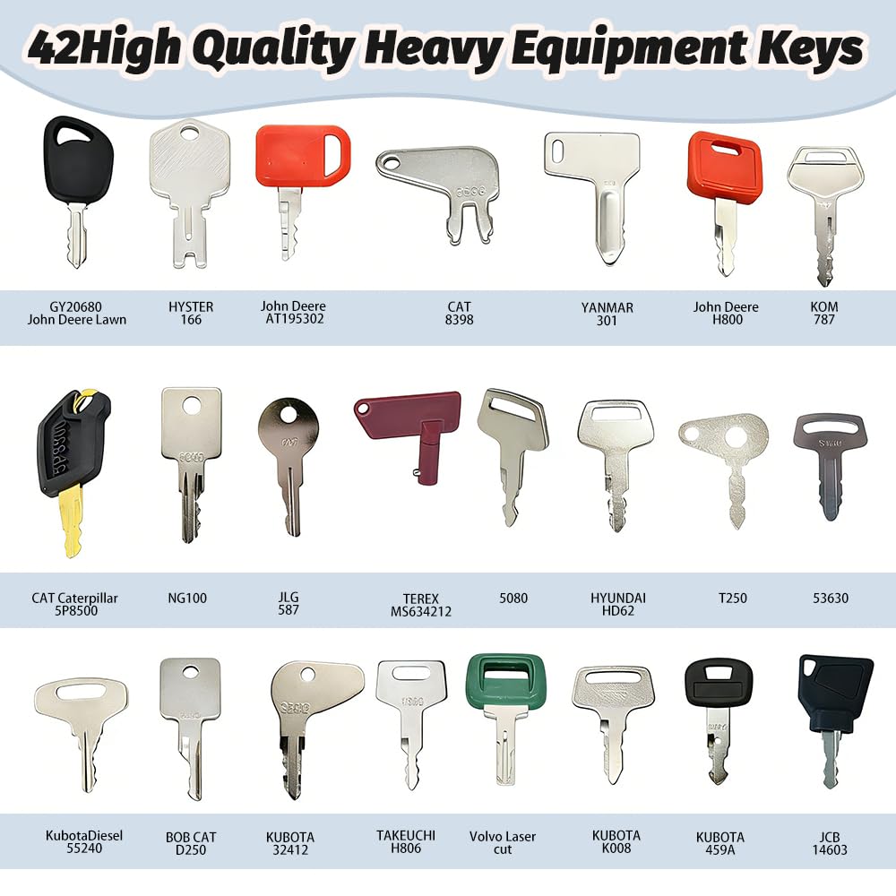 Lot de 42 clés pour engins de chantier - Clé d'allumage - Clé de démarrage - Clé de pelleteuse - Clé d'allumage - Clé d'allumage - Machines de construction pour Cat Komatsu Kubota Hitachi Takeuchi