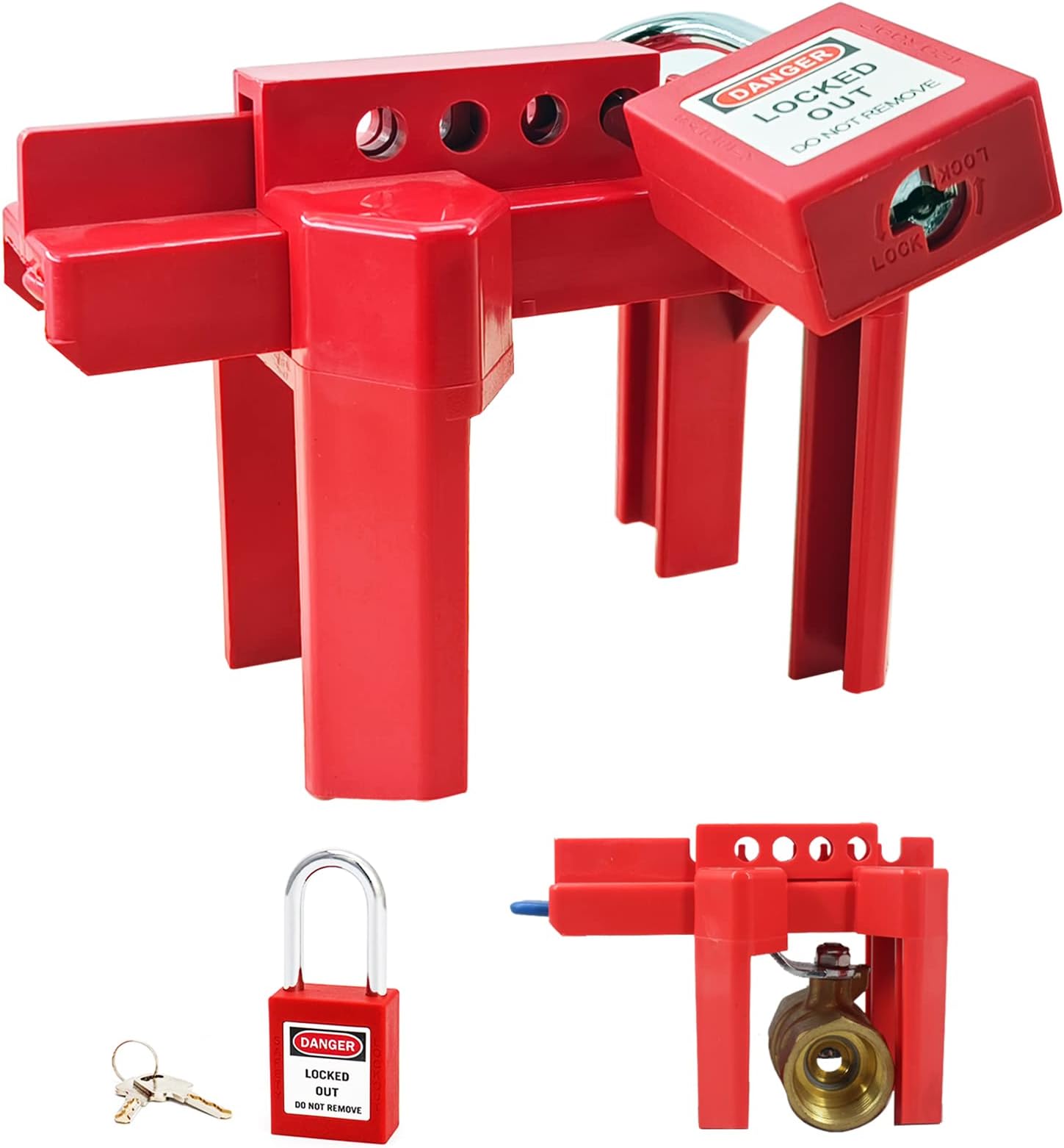 Ball Valve Lockout, Adjustable Ball Valve Lockout Device, Small, for 1/2"-2-1/2" Outside Pipe Diameter, Red, Outdoor Water Spigot Lock Industrial Faucet Handle Locks Pipeline Valve Locking Device