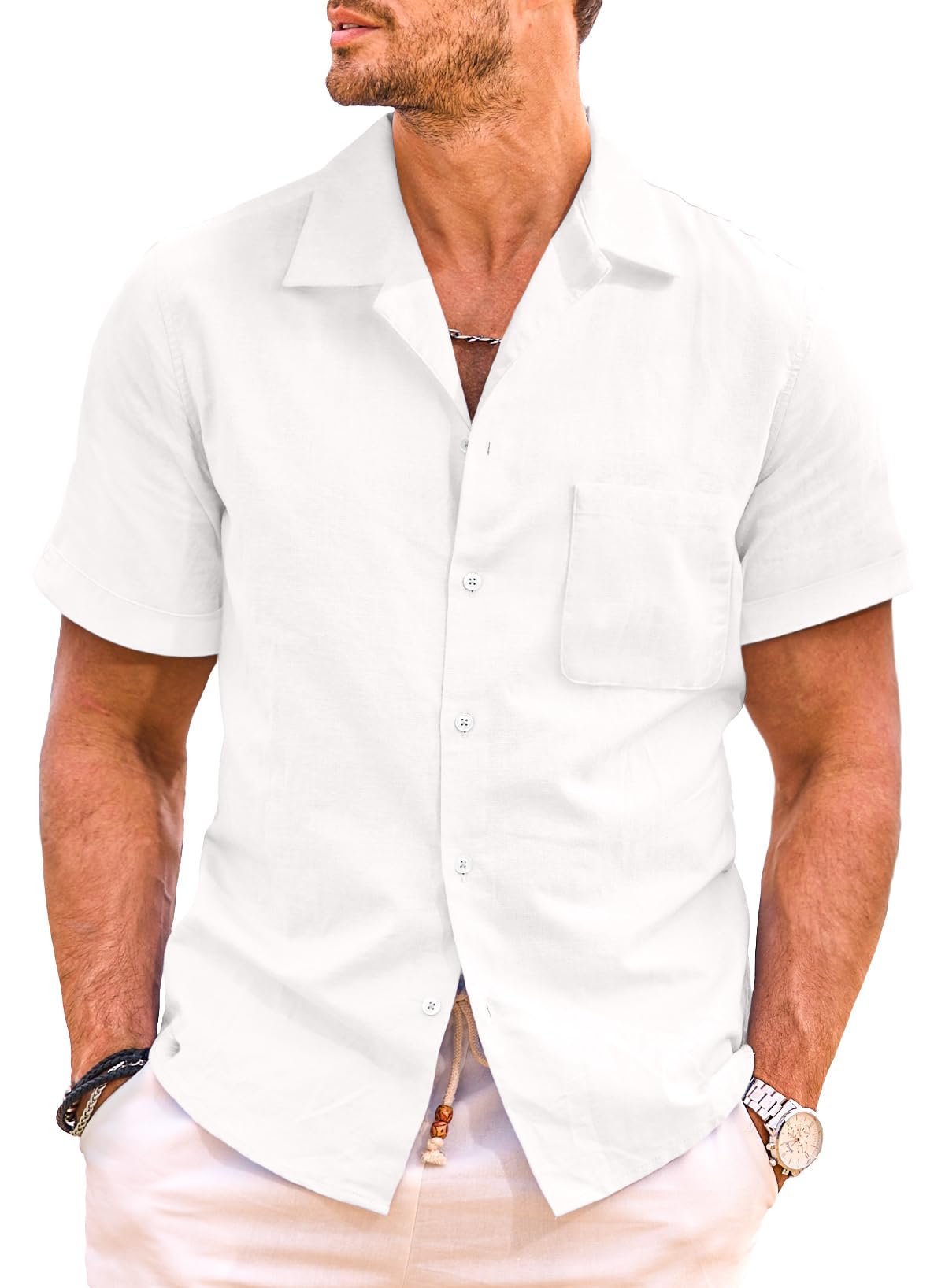 JMIERR Camisa de Lino para Hombre de Manga Corta, Casual y Relajada de algodón para la Playa, clásica y de Corte Regular