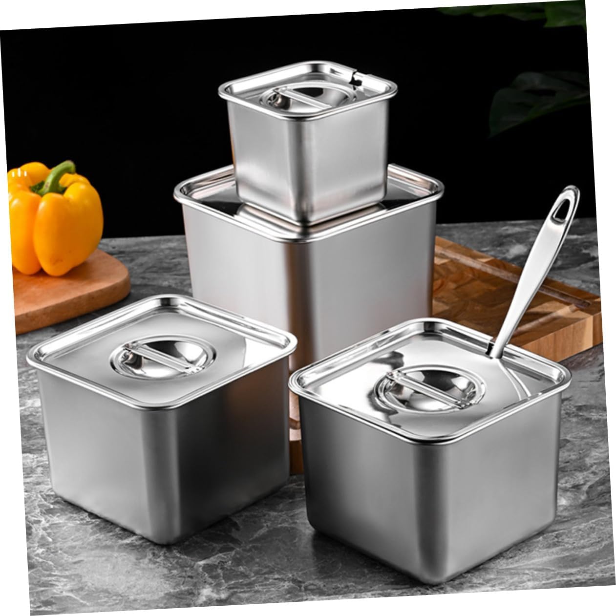 ARTIBETTER Square Stainless Steel Condiment Pot with Lid, Large Capacity