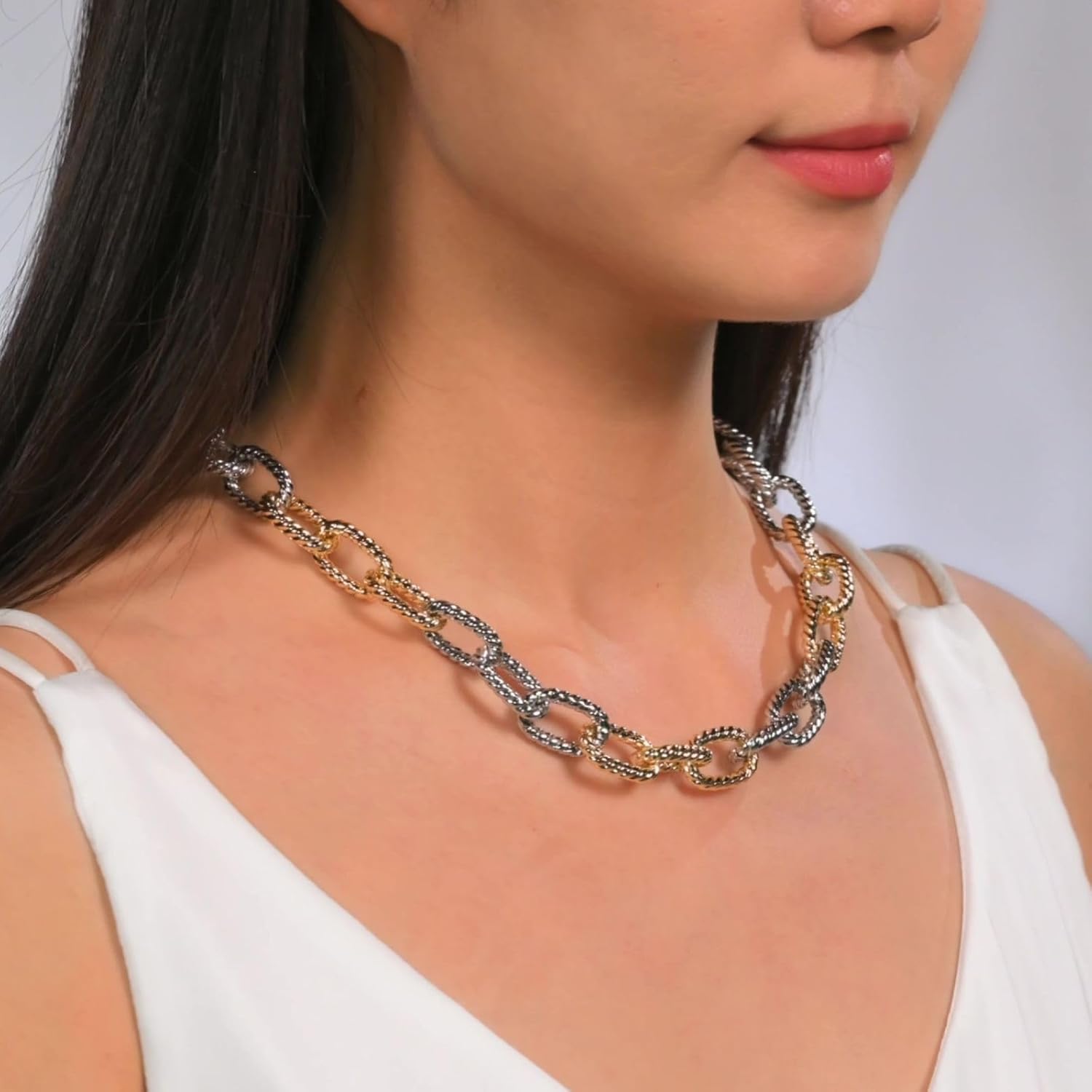 Chunky Gold Necklace Twisted Cable Wire Two Tone Necklace for Women Chain Link Gold and Silver Jewelry Suitable for Everyday Wear at Work 45+5cm - Image 3