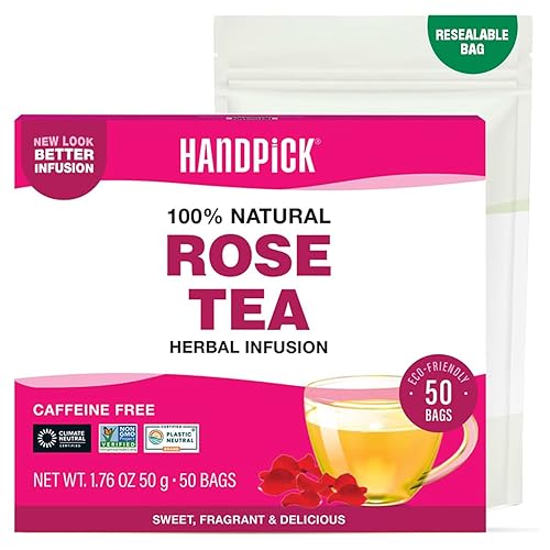 HANDPICK, Capullos de Rosa Bolsas de Té Herbal - 50 Unidades | Té de Rosa Sin Cafeína con Manzanilla y Tulsi | Floral y Suave | Bolsas de Té
