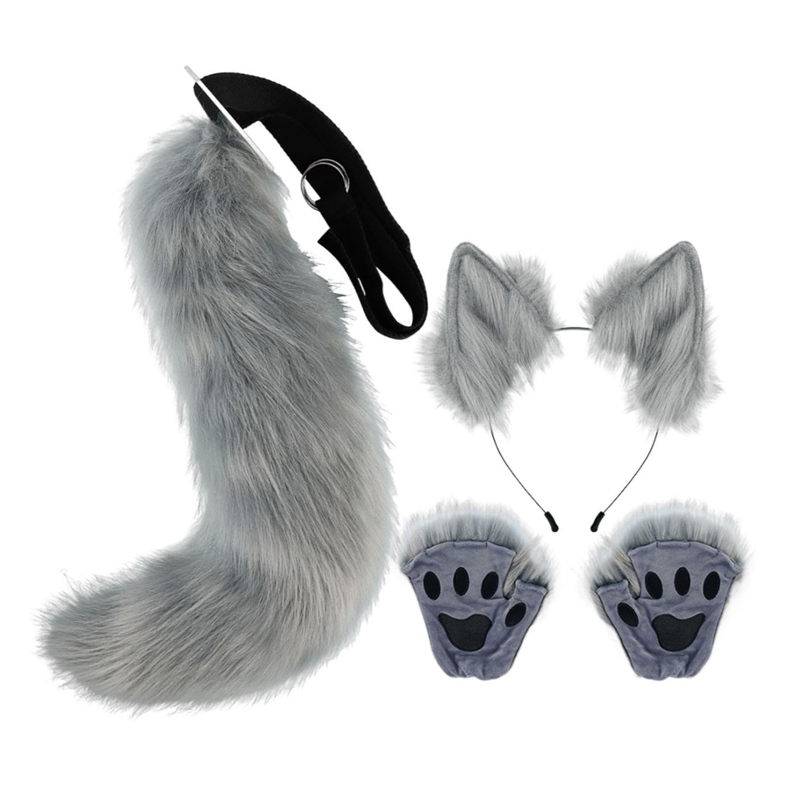 Ensemble Oreilles et Queue d'animal, Coiffe, Oreilles en Peluche, Bandeau pour Les Fêtes et Les Anniversaires, Gris