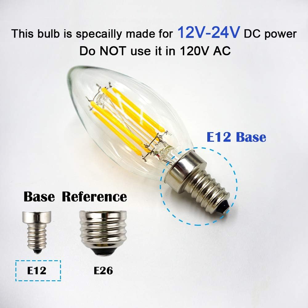 LED Candelabra Bulb, DC 12V 24V, Dimmable with DC Dimmer, 6W 600Lm, Warm White Light, E12 Small Base, 60W Incandescent Equivalent, 12V Power Supply, Clear Glass Torpedo Tip, 3-Pack