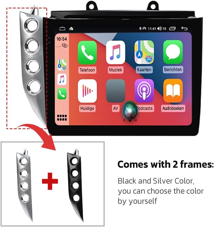 aoonav car radio unit with two interchangeable frames, one silver and one black