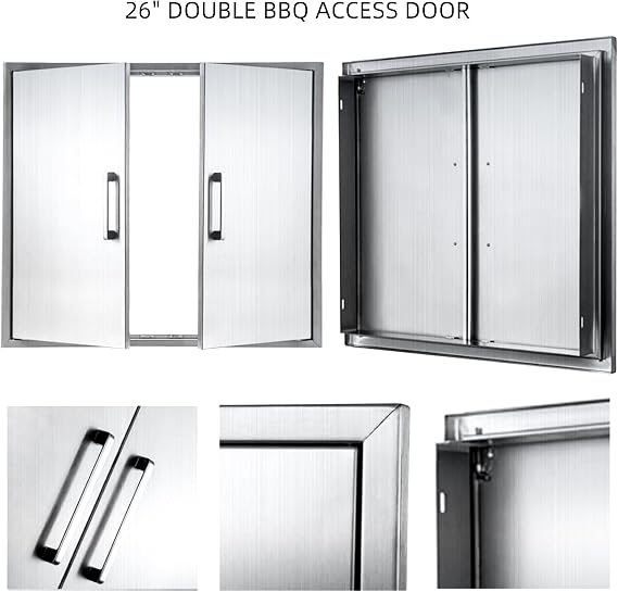 Outdoor Kitchen Double Doors, 26W24H Stainless Steel BBQ Access Door with Handles, Flush Mount for Outdoor Kitchen,Grilling,BBQ Island