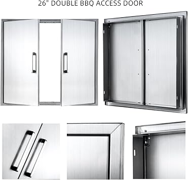 Outdoor Kitchen Double Doors, 26W24H Stainless Steel BBQ Access Door with Handles, Flush Mount for Outdoor Kitchen,Grilling,BBQ Island