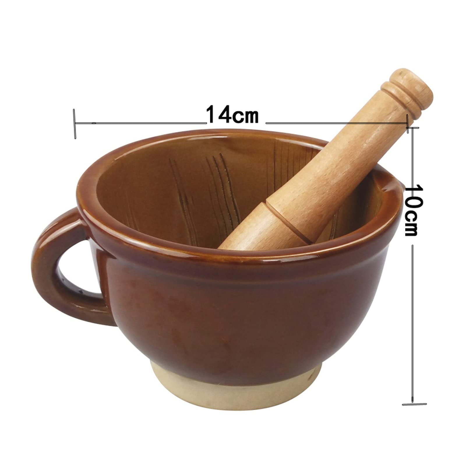 Stößel und Mörser, Mörser- und Stößel-Set aus Keramik mit Ausgießer, braune Keramikmühle, Guacamole-Schüssel, traditioneller Knoblauchschäler, Mörser und Stößel, Gewürzmühle