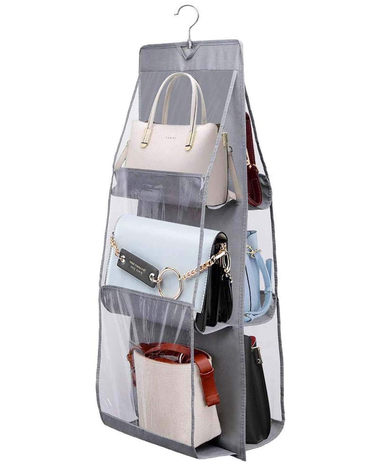 UNICRAFTS Purse Handbag Organizer 6 Pocket Foldable Large Clear Anti Dust Hanging Storage Bag Organizer with Hook Purse Hanger Storage Holder for Wardrobe Closet Organizer Pack of 1 Grey-image-46