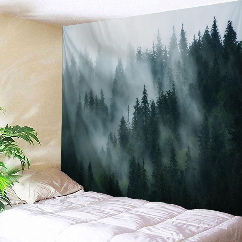 Mimihome Misty Forest Wall Tapestry, Nature Landscape Pine Trees in Fog Wall Hanging for Bedroom Living Room Dorm, 60x50 inch