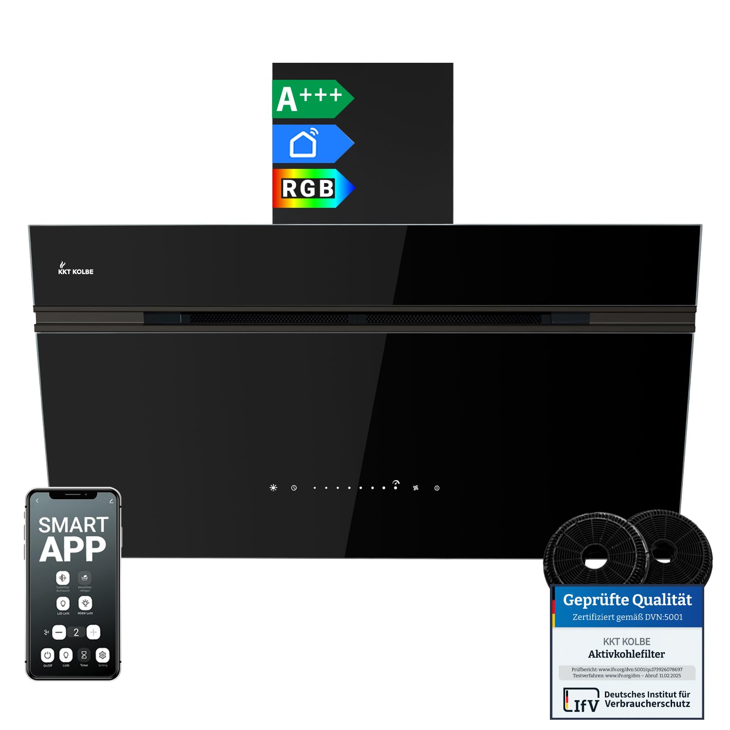 KKT KOLBE AURORA9005FB Hotte aspirante 90 cm 782 m³/h à recirculation d'air évacuée Hotte murale sans tête | Noir | Verre | Fonction de suivi automatique | Application Smart WiFi | SensorTouch |
